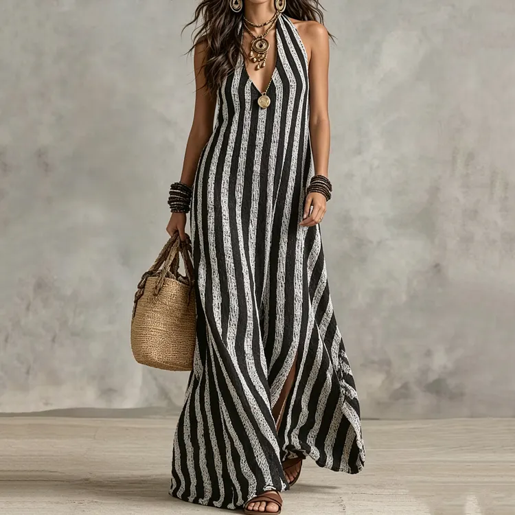 Vacation V-neck Striped Halter Neck Sleeveless Beach Maxi Dress