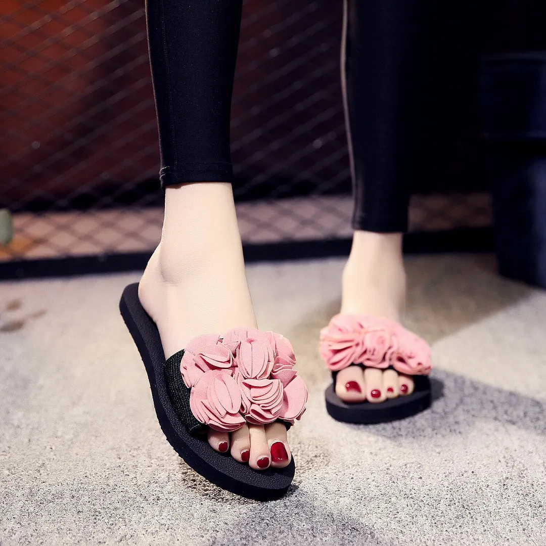 Women Shoes Summer Bohemia Floral Beach Sandals Pink Bow Slippers Flip Flops For Women Platform Sandals Beach Slippers 1.5CM