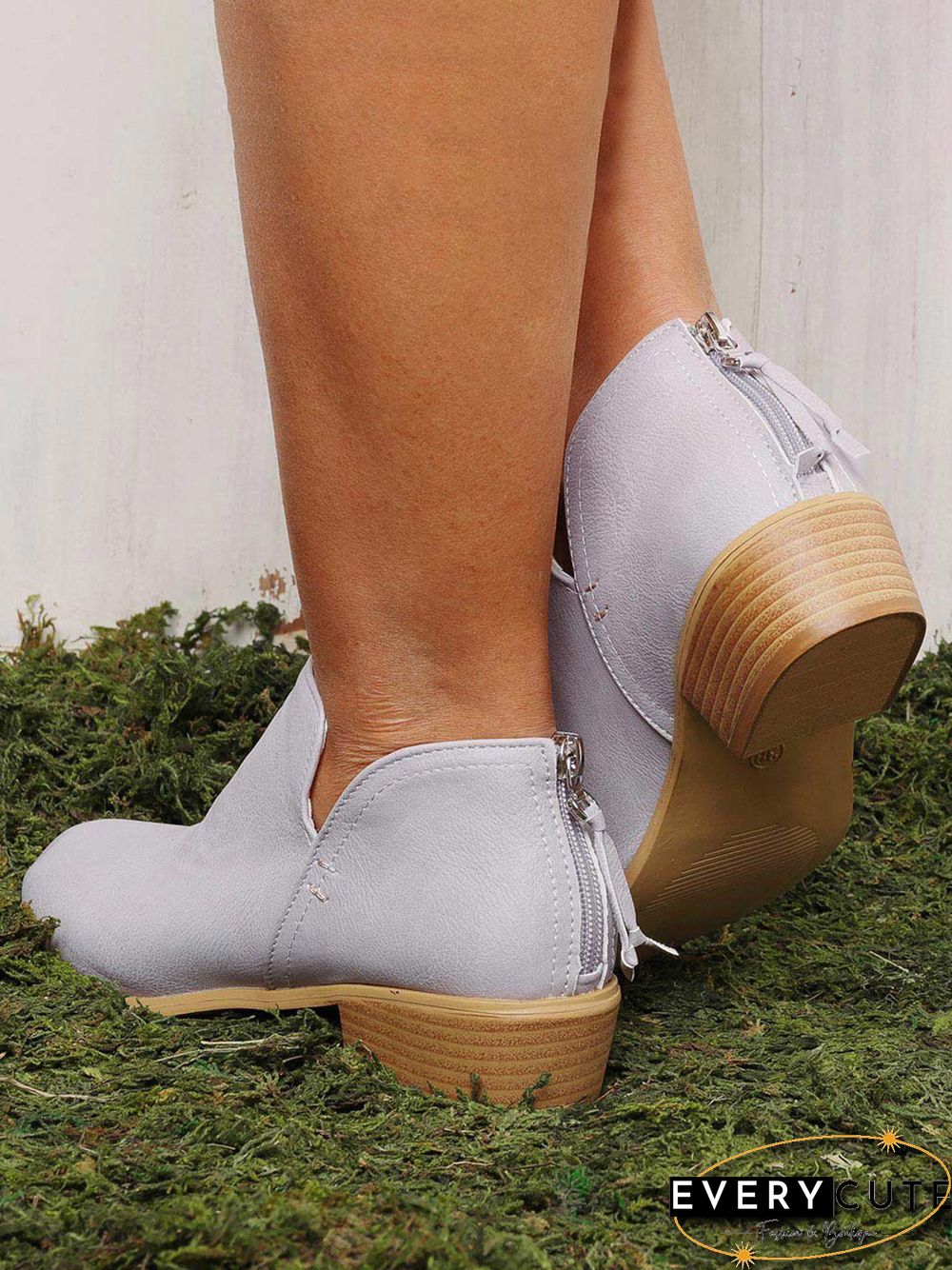 Pu Chunky Heel Zipper Pumps