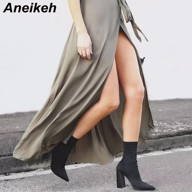 Aneikeh Slim Stretch Ankle Boots for Women Pointed Toe Sock Boots Square High Heel Boots Shoes Woman Fashion Bota Feminina 41
