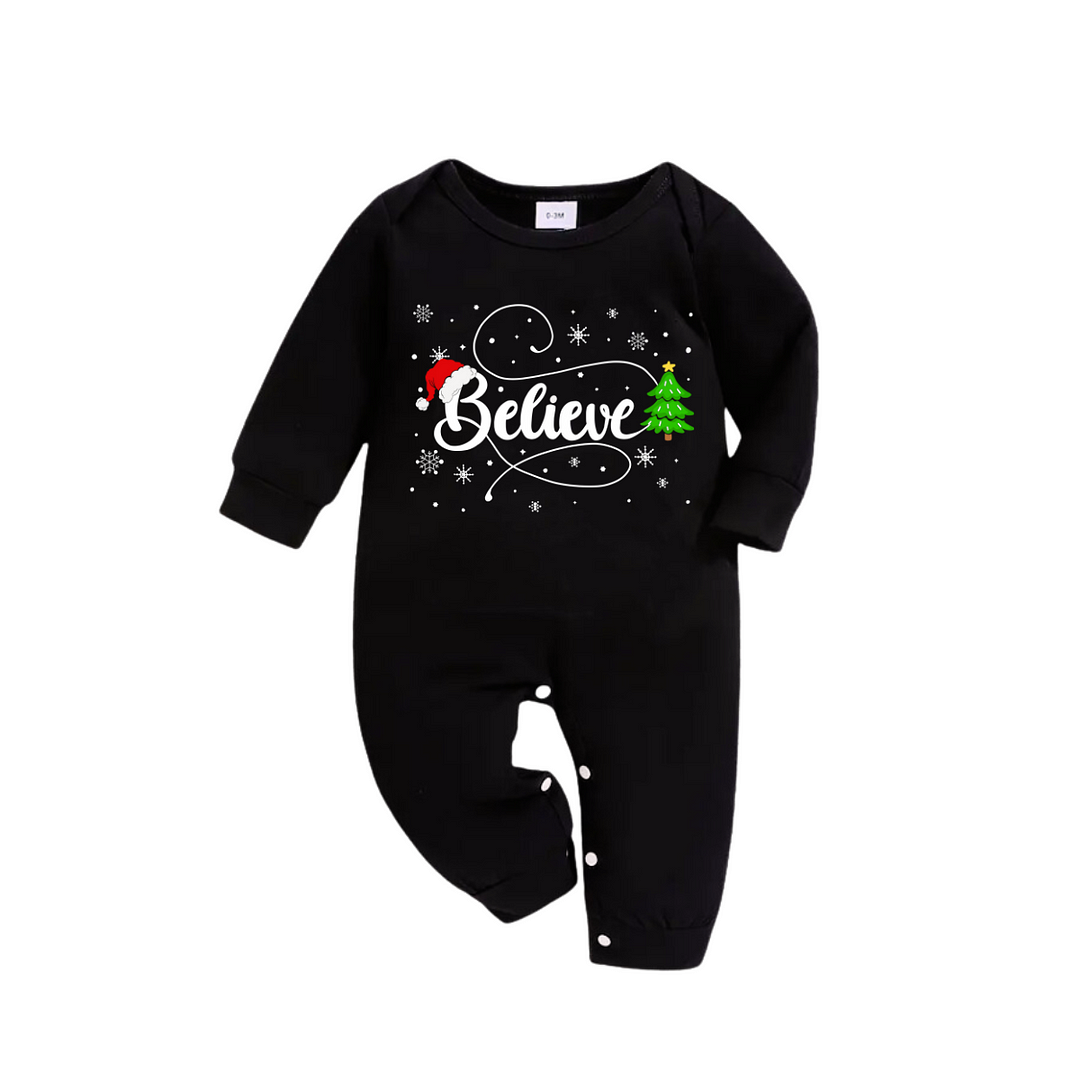 Christmas "Believe" Text and Tree Print Black Long Sleeve Top with Green and Black Plaid Family Matching Pajamas