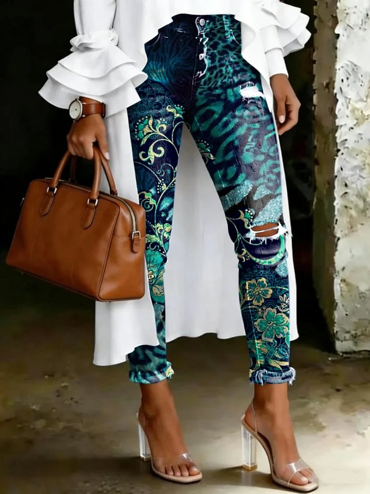 Women's Vintage Leopard Floral Totem Print Casual High-waisted Ripped Skinny Jeans