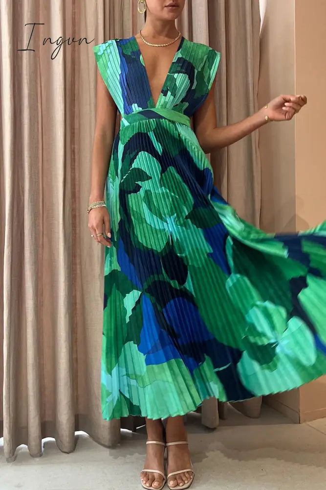 Ingvn - Casual Vacation Print Fold V Neck Sleeveless Dress Dresses Green / S Dresses/Casual