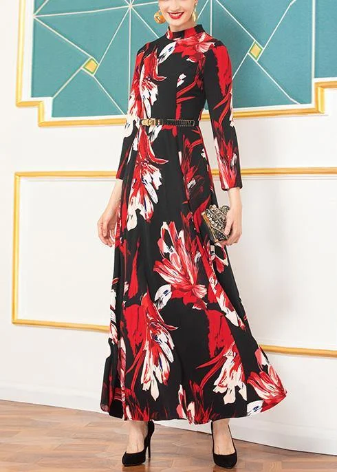 Organic black prints cotton Tunics tie waist Robe half high neck Dresses