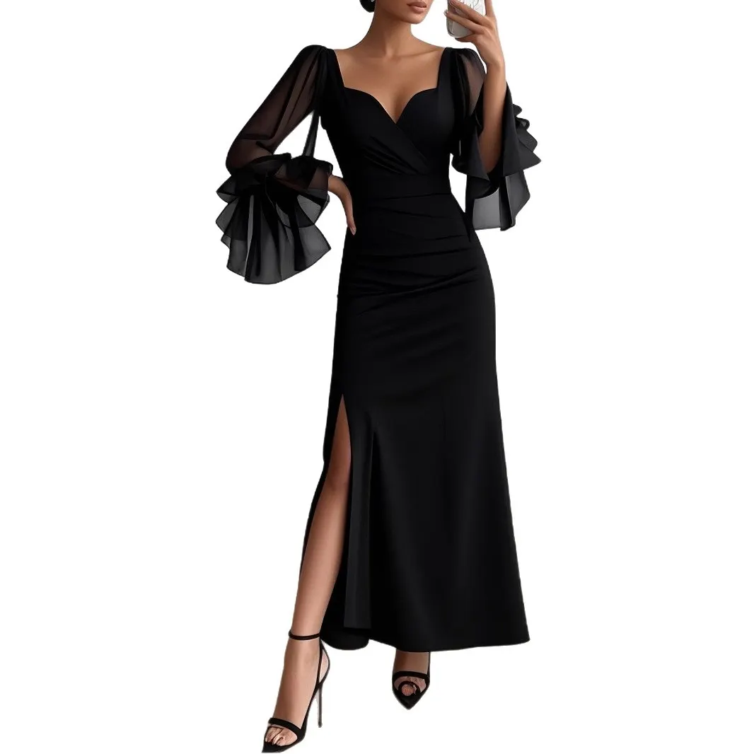 Women's Black Sweetheart Neck Midi Evening Dress
