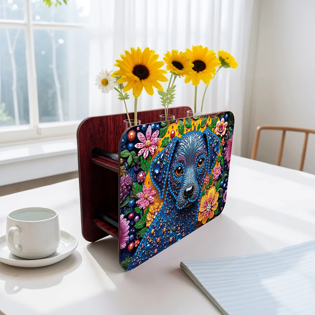 Dog DIY Flower Vase Wooden Double Sided Desktop Diamond Art Kit for Home Decor