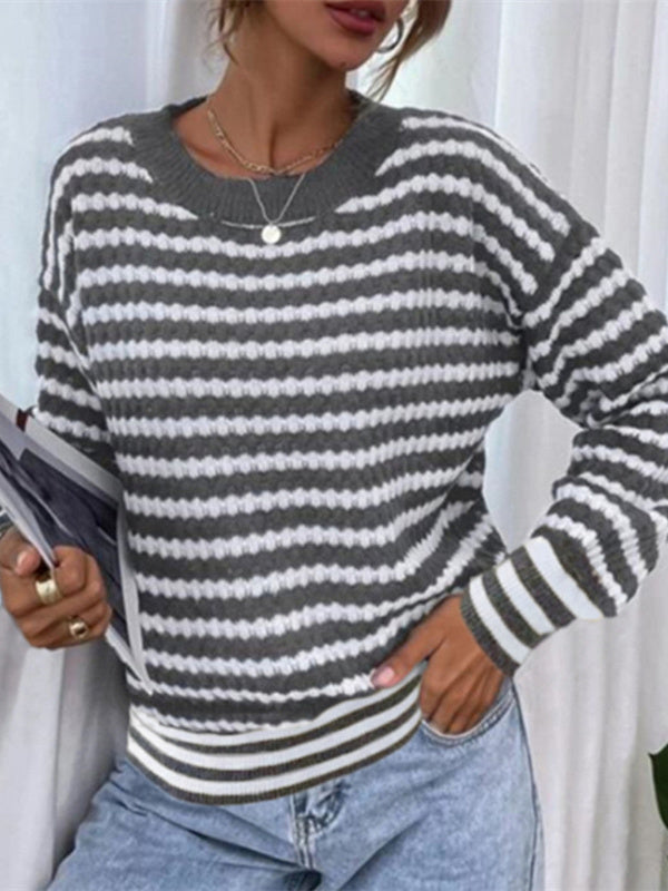 Women Scoop Neck Long Sleeve Striped Knit Sweater Tops