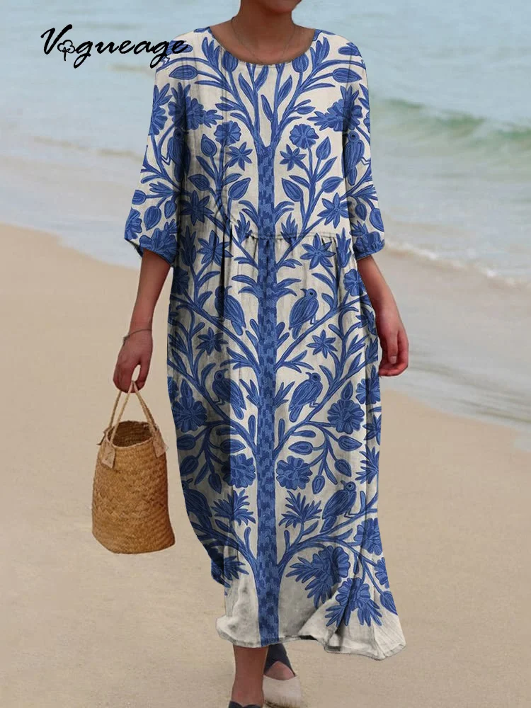 Gentle And Elegant Plants And Birds Printed Women's Casual Cotton And Linen Dress