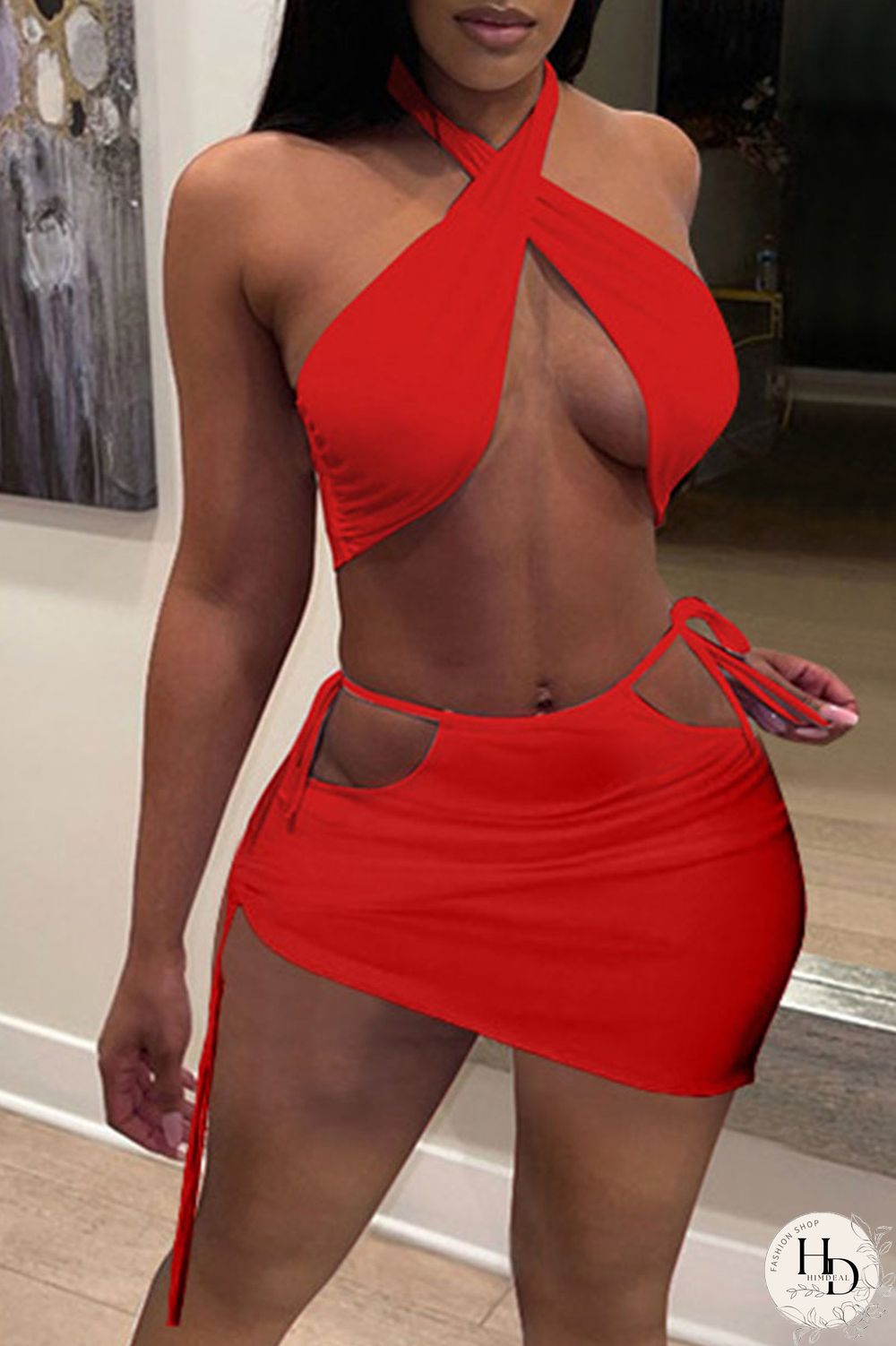 White Sexy Solid Bandage Draw String Backless Halter Sleeveless Two Pieces