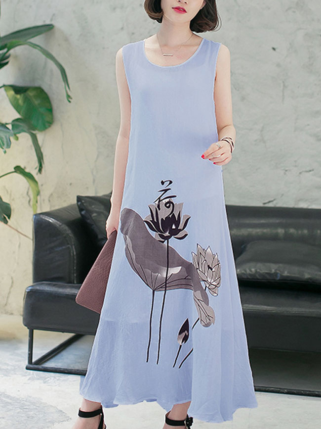 Summer new style cotton and linen dress women loose women's retro ink printing dress