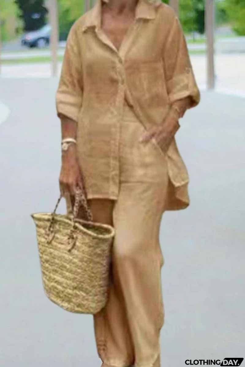 Casual Solid Patchwork Turndown Collar Long Sleeve Two Pieces