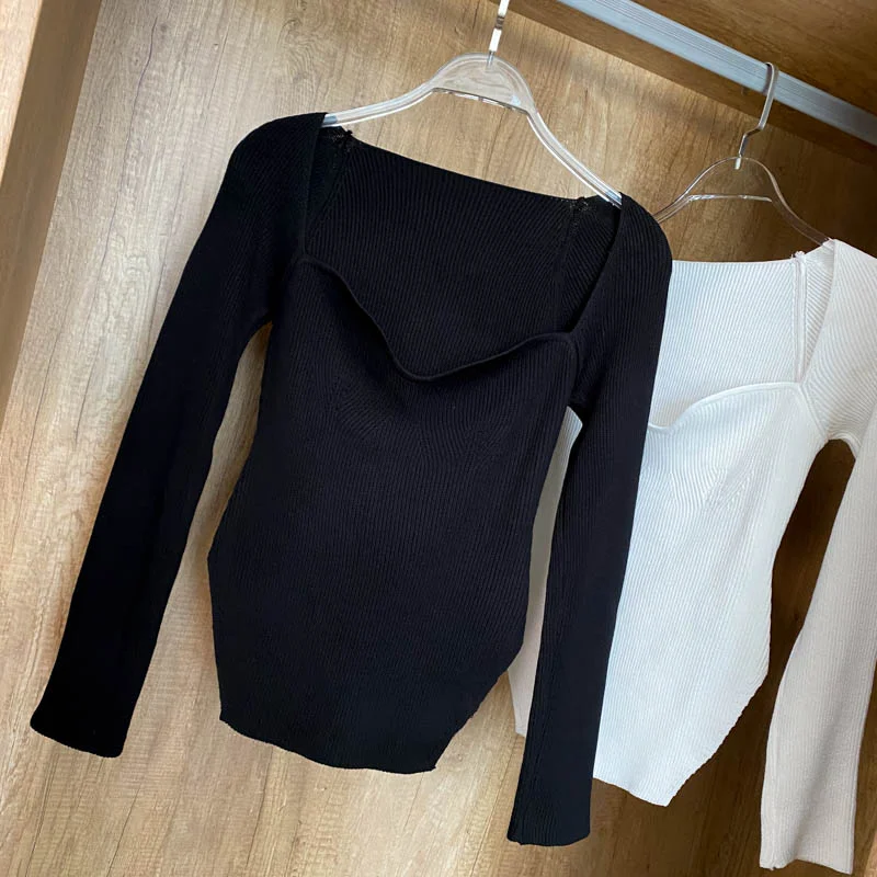 Square Collar Long Sleeve Woman Sweaters Knitted Pullover Women Spring Autumn Sweater Winter Tops For Women Black White Jumper