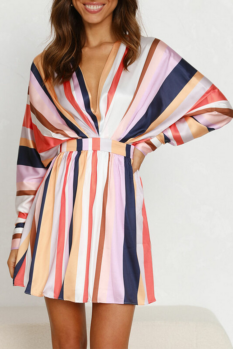 Casual Striped Patchwork V Neck Straight Dresses - Life is Beautiful for You - SheChoic