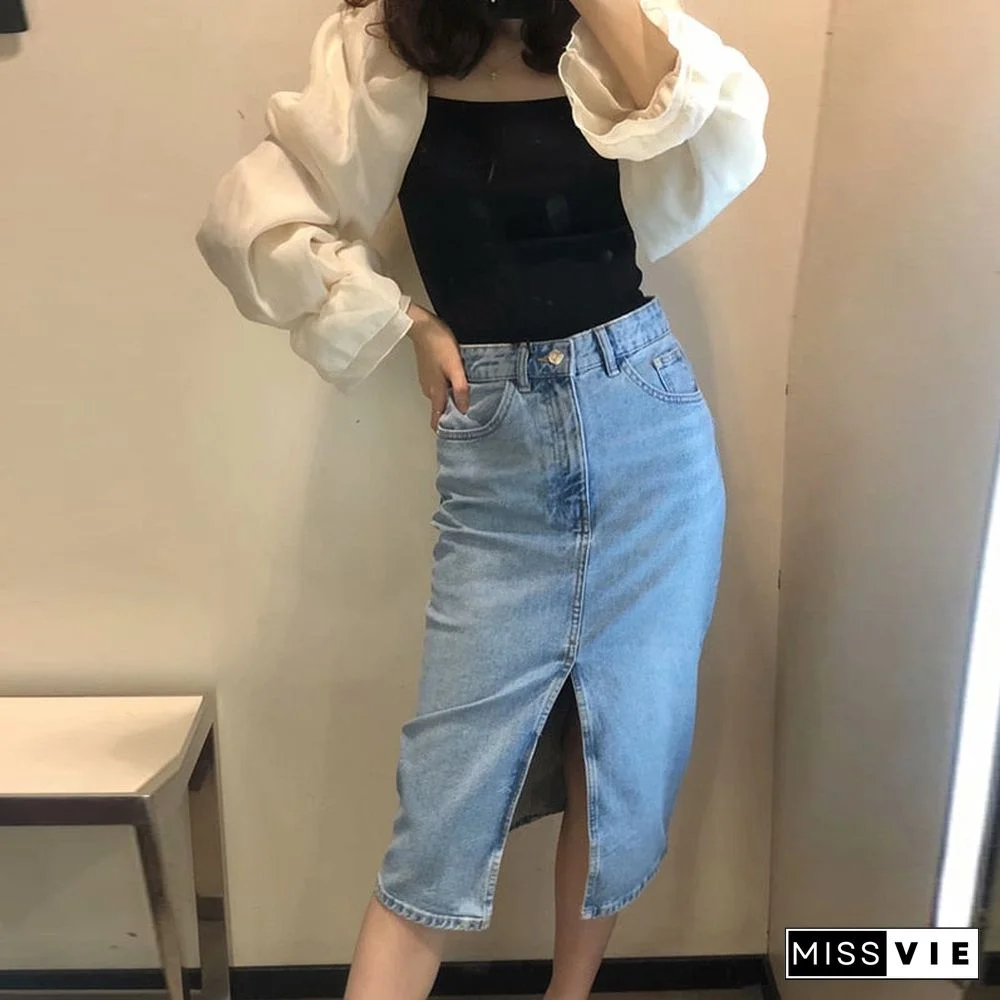 Spring Autumn Black Blue Sexy Split Women's Straight Denim Skirt High Waist Solid Midi Jeans Skirts Saia Faldas Mujer Moda
