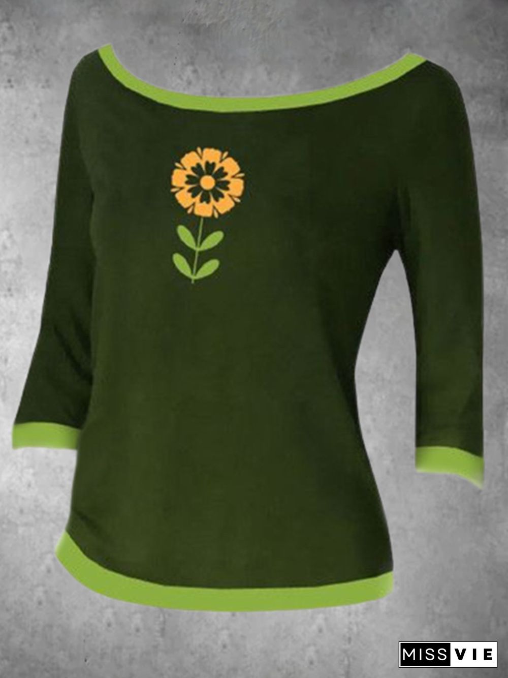 Vintage Floral Printed Color-block Plus Size 3/4 Sleeves Crew Neck Casual Tops