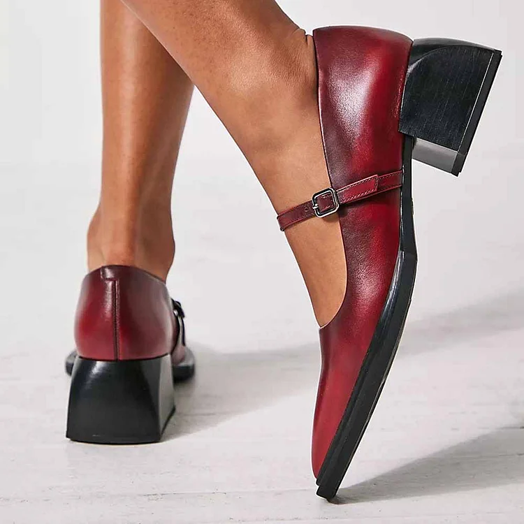 Classic Pointed Toe Chunky Heel Mary Jane Shoes in Burgundy |FSJ Shoes