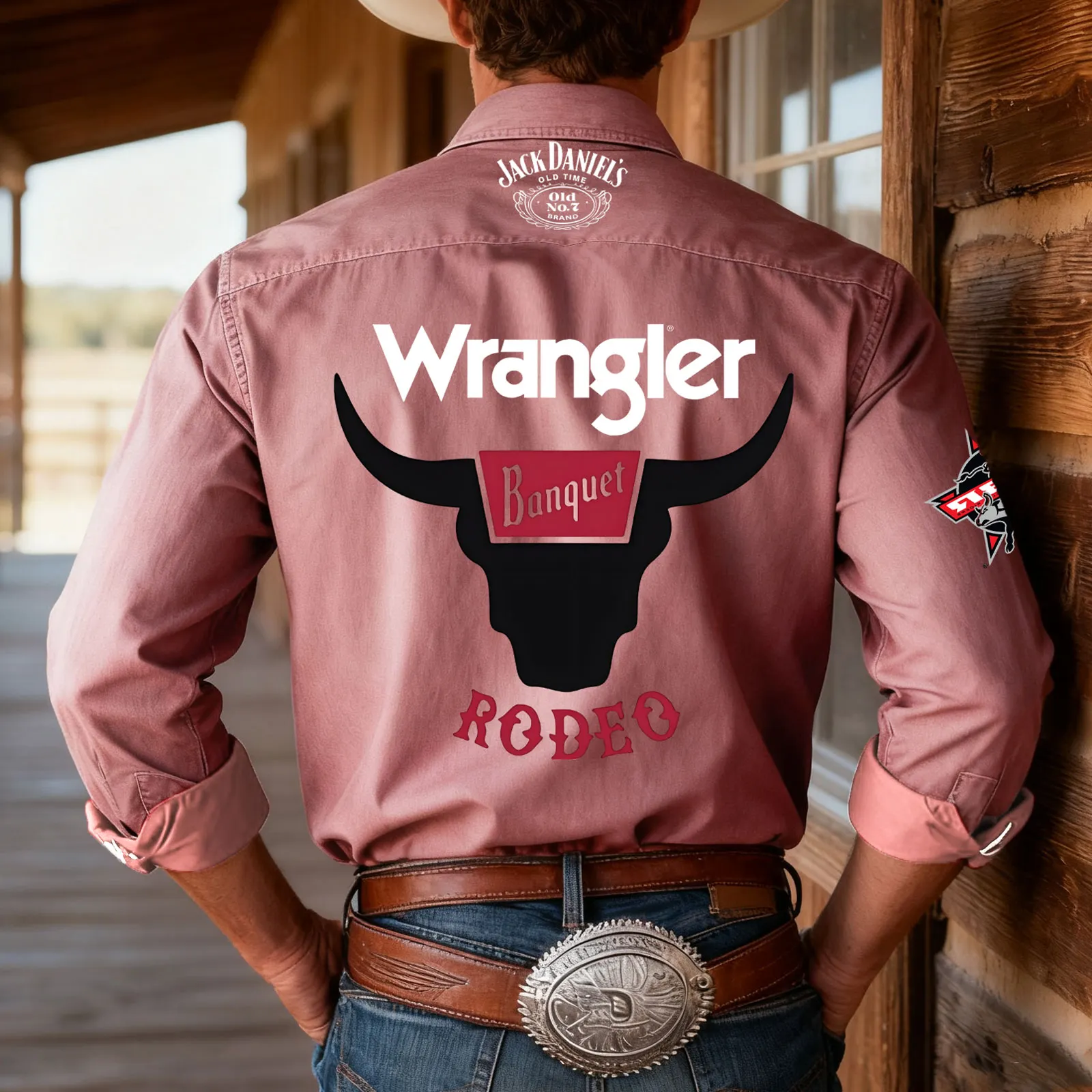 Men's Western Denim Shirt With Bull Pattern
