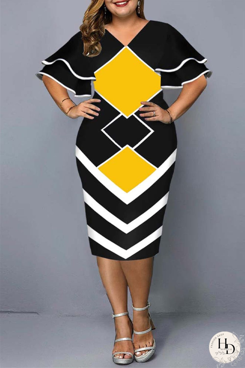 Yellow Fashion Casual Plus Size Print Basic V Neck Short Sleeve Dress
