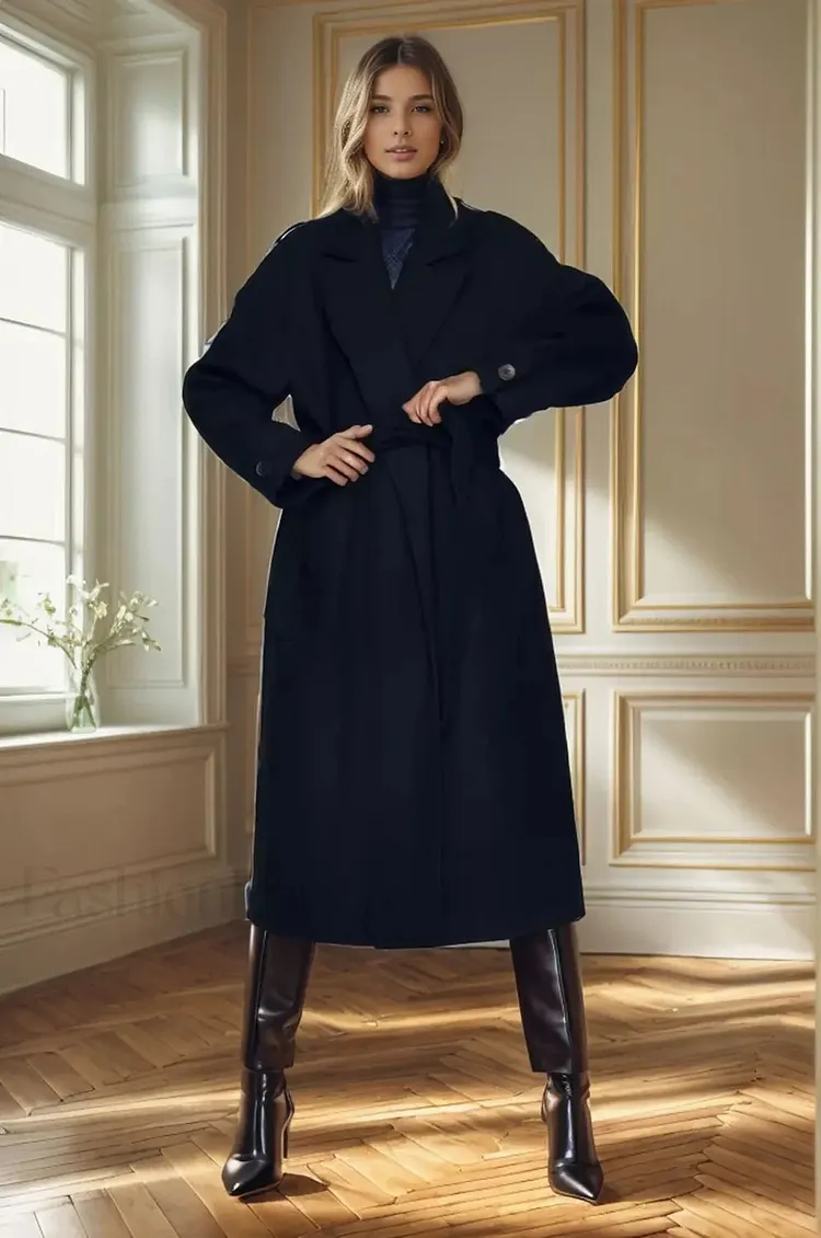 Retro Solid Woolen Coat Women Knee High Thick Turn-Down Overcoat