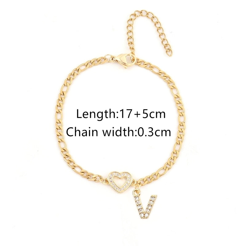 201 Stainless Steel Copper Inlay Letter Heart Shape Zircon Copper Bracelets
