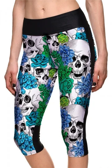 Womens Skinny Halloween Flower Skull Printed Capri Leggings Dark Green-elleschic