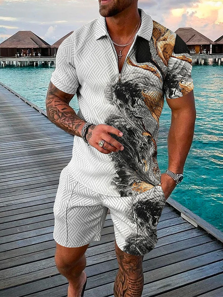 Men's Casual Vacation Water Ripple Printed Polo Suit