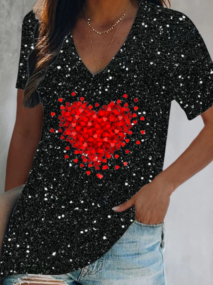 Glitter Splatter Heart-Shaped V-Neck T-Shirt