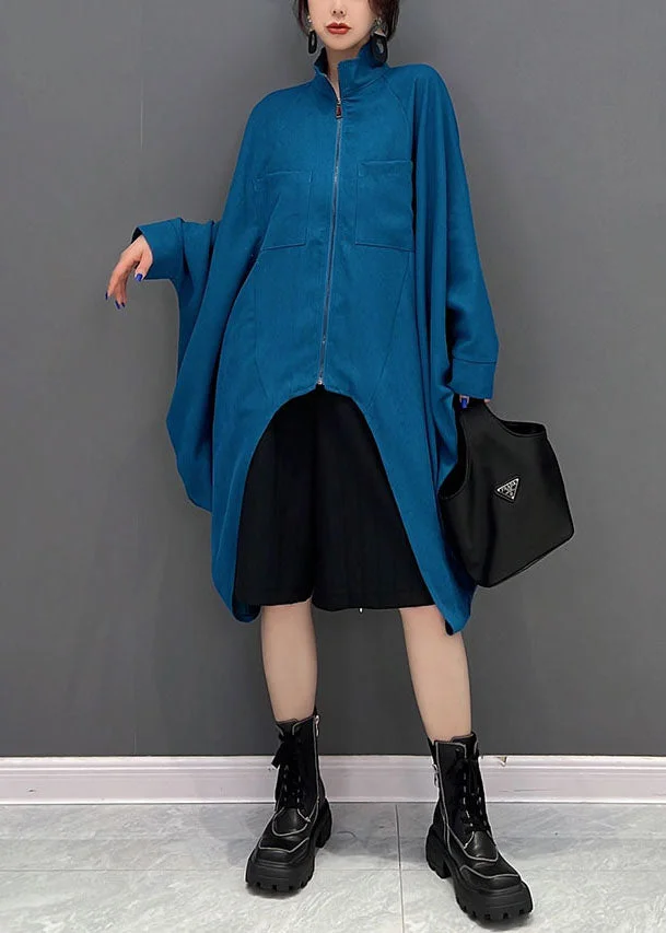 Bohemian Blue Asymmetrical Design Zippered Cotton Coat