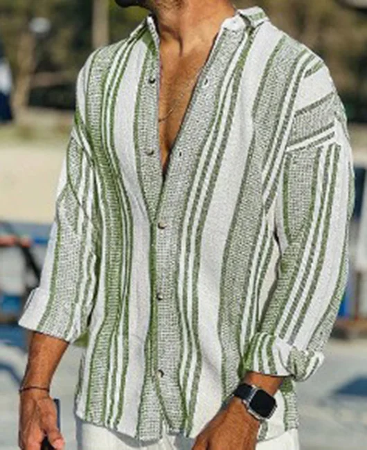 Casual Linen Striped Loose Lapel Collar Long Sleeve Shirt 