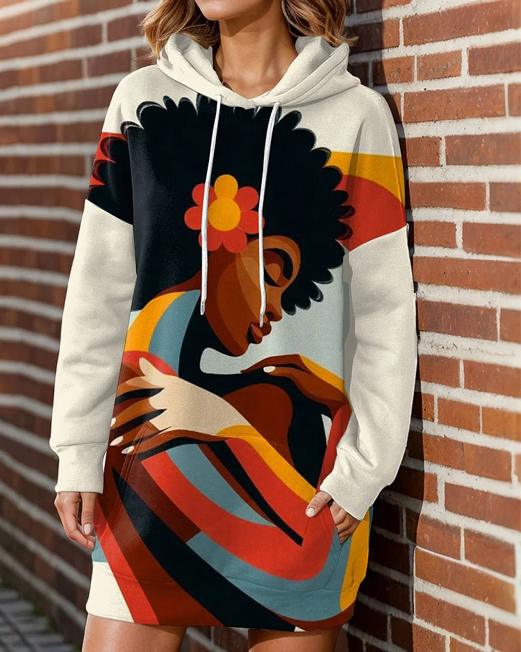 Women's Colorblock Afro Girl Painting Print Long Sleeve Hooded Dress
