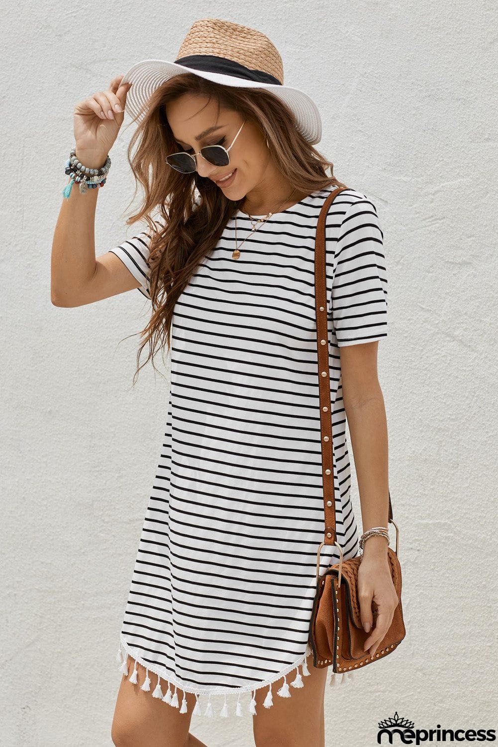 Short Sleeve Crew Neck White Striped T-shirt Mini Dress with Tassel