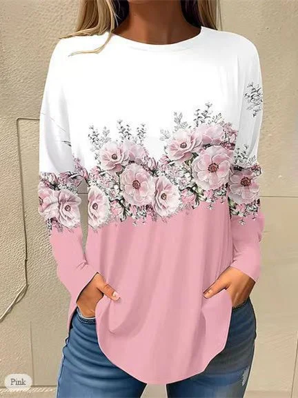 Women's Long Sleeve Scoop Neck Floral Printed Graphic Tops