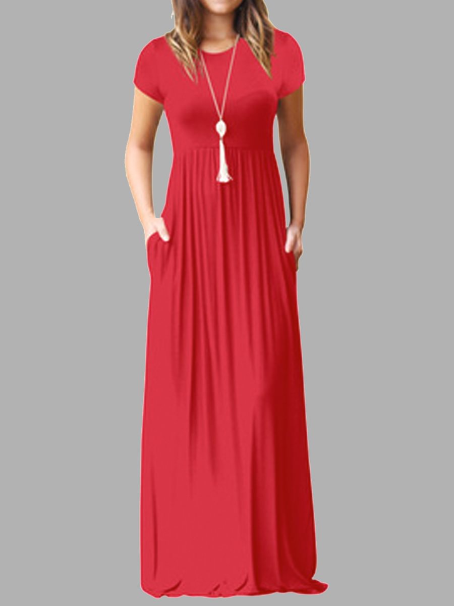 Casual Solid Color Pocket Short Sleeve Maxi Dress