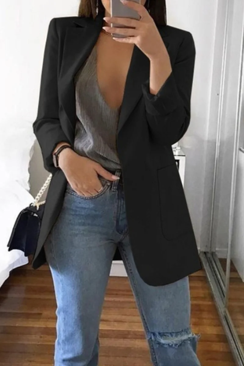 Black Fashion Casual Solid Cardigan Turndown Collar Plus Size Coats | EGEMISS
