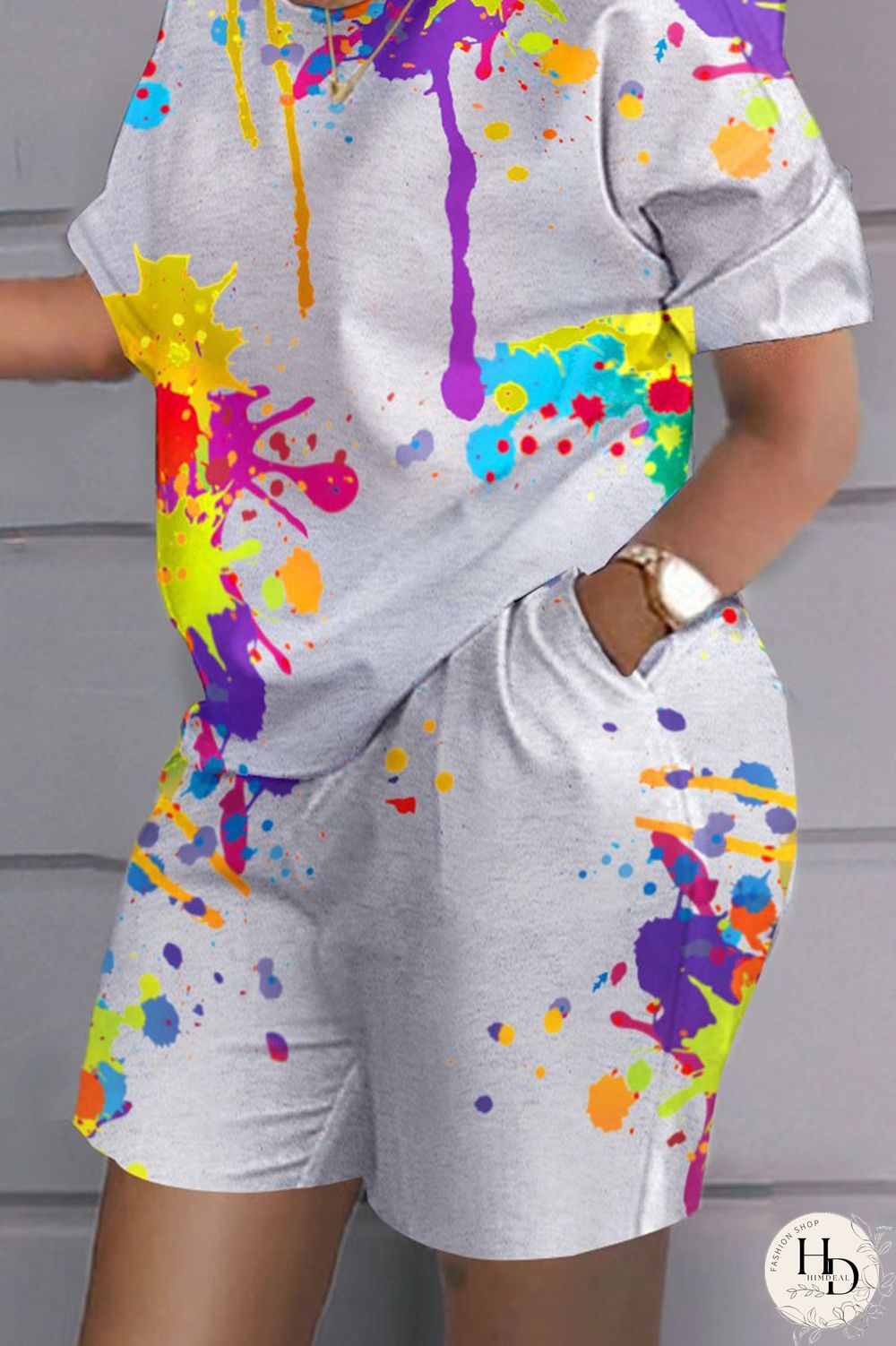 Grey Black Casual Print Patchwork O Neck Short Sleeve Two Pieces