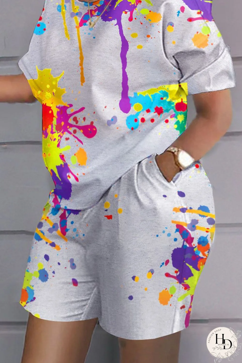 Grey Black Casual Print Patchwork O Neck Short Sleeve Two Pieces