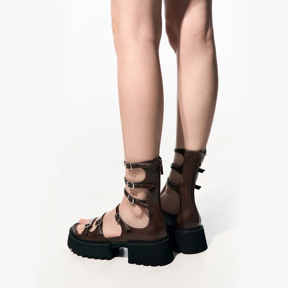 Brown Round Toe Platform Mid Heel Buckled Gladiator Sandals for Women