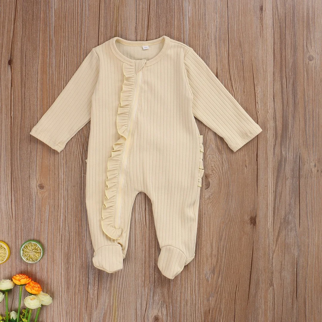Newborn One-piece Footed Pajamas, Infant Solid Color Long Sleeve Round Neck Ruffle Nightclothes