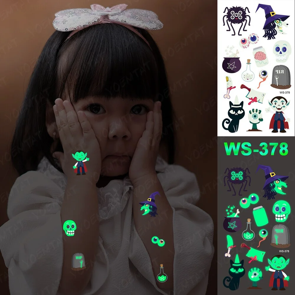 Sdrawing Temporary Luminous Tattoo Sticker Waterproof Pumpkin Skull Tatoo Arm Glowing Tattoos On Child Halloween Party Decor