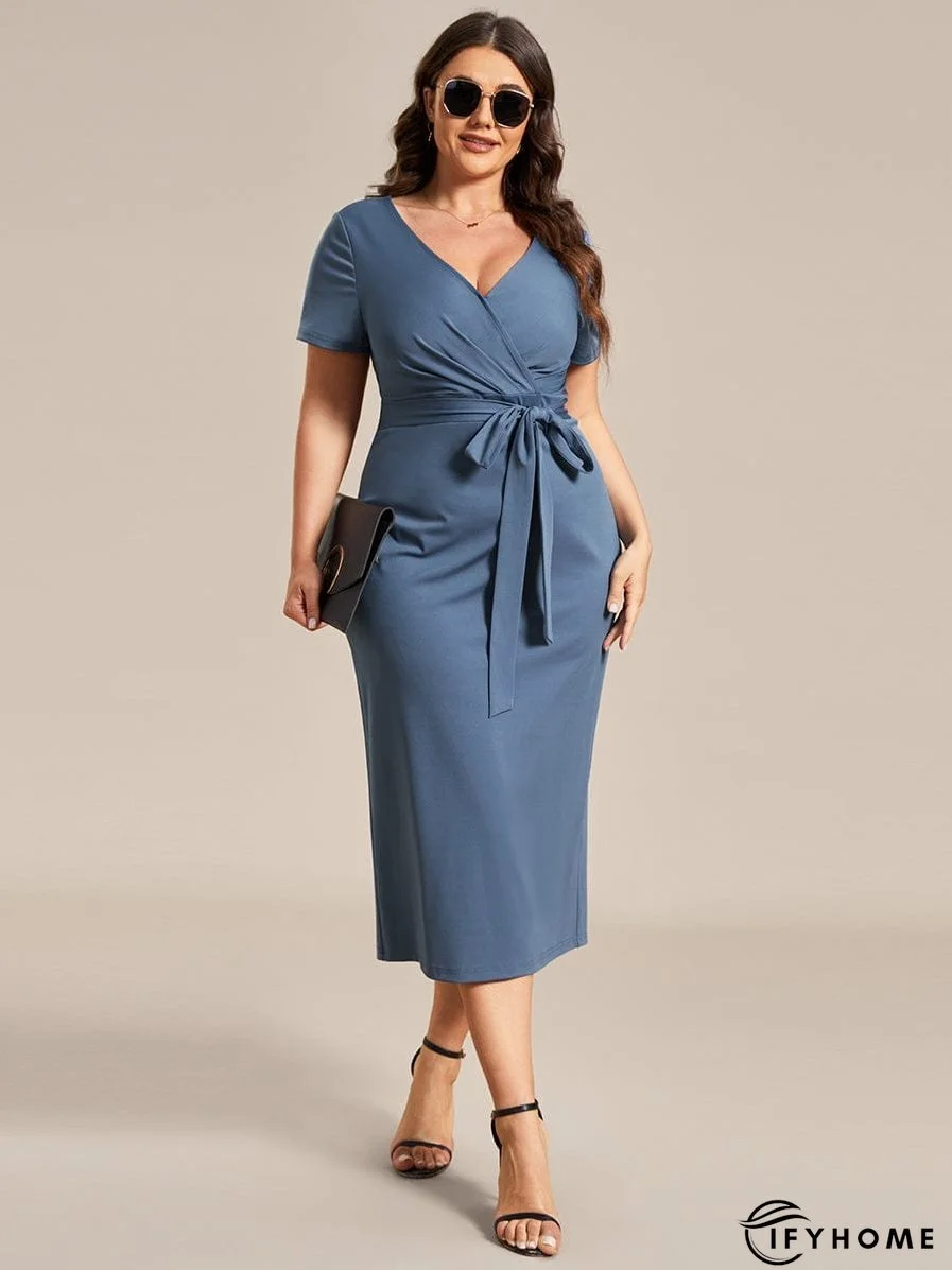 Elegant Deep V Neck Short Sleeve Cocktail Dress with Waist Belt | IFYHOME