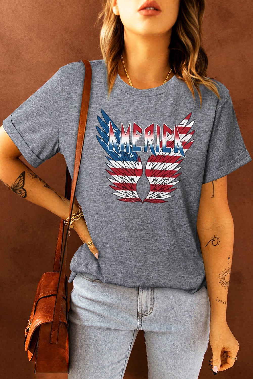 American Flag Eagle Wings Print Short Sleeve T-Shirt