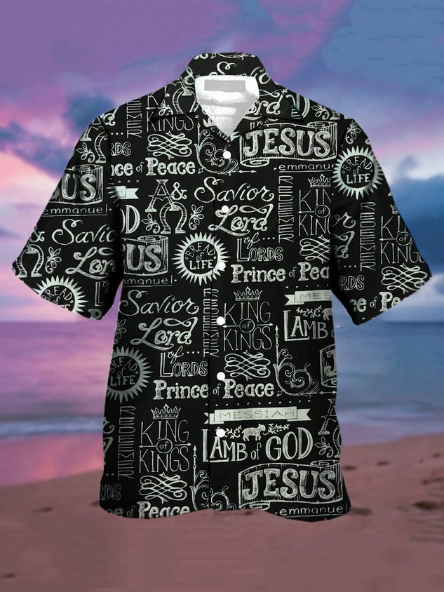 Mens Easter Jesus Letters Print Casual Breathable Short Sleeve Hawaiian Shirts