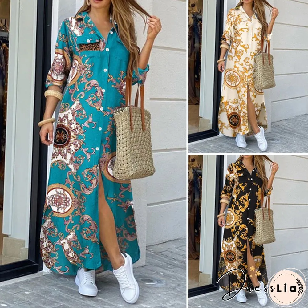S-5XL Womens Kaftan Dress Chains Printed Side Fork Casual Loose Long Wedding Holiday dress