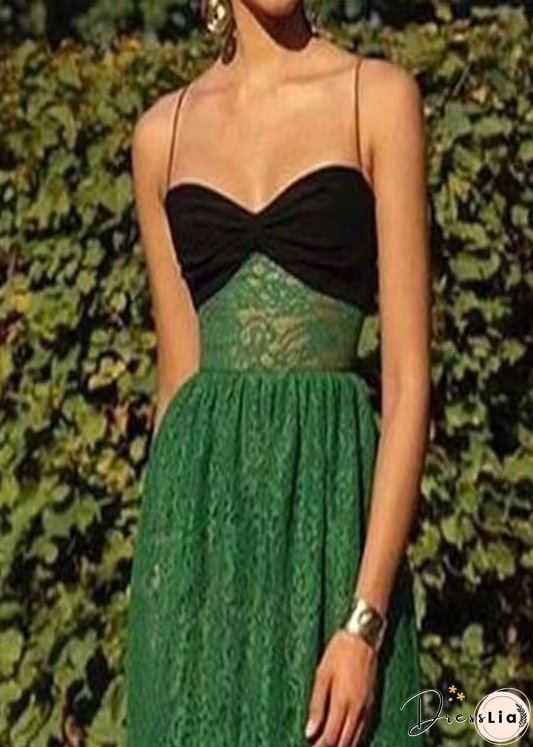 Sexy Green Cold Shoulder Patchwork Lace Spaghetti Strap Dress Sleeveless