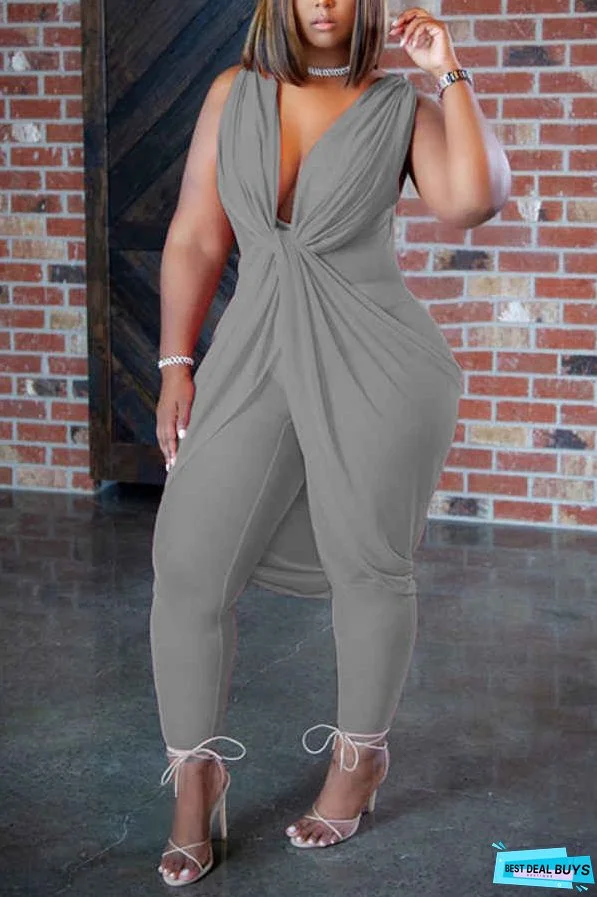 Fashion Elegant V Neck Sleeveless Curves Jumpsuit