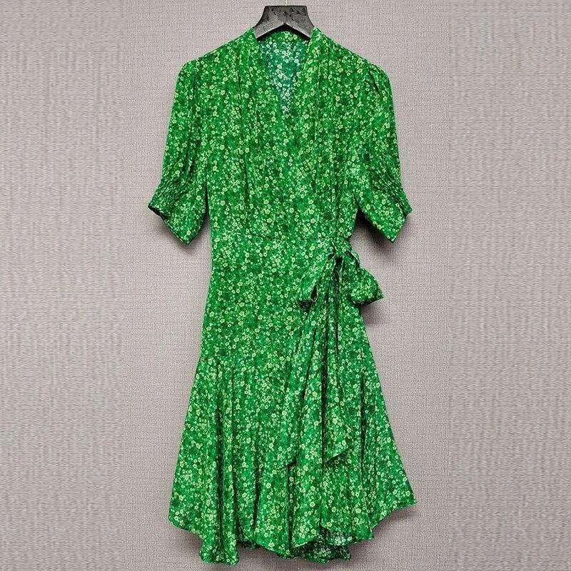 ABEBEY Vintage Print Dress For Women V Neck Puff Half Sleeve High Waist Slim Midi Dresses Female Summer Fashion 2023 Style