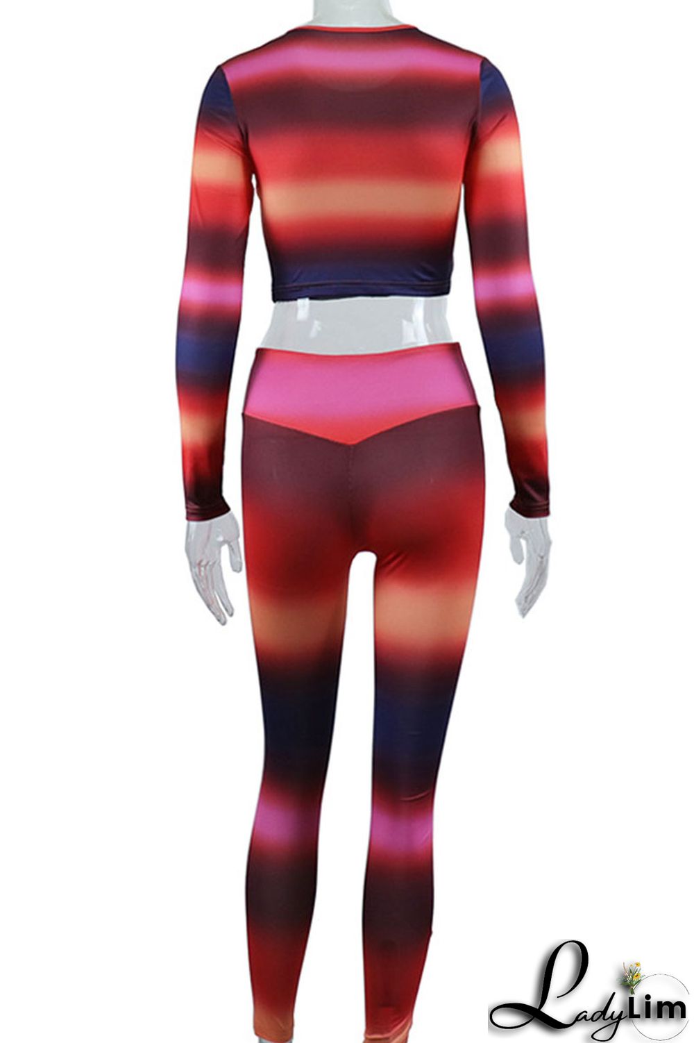 Colour Sexy Striped Print Split Joint O Neck Long Sleeve Two Pieces