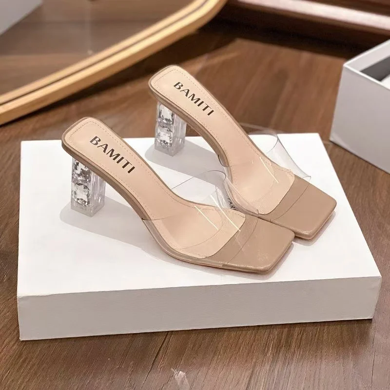 Breakj Breakj Slippers Women Summer Wear 2025 New Square Head Crystal Rough And Transparent Sexy High-Shoe Cold Slippers Women