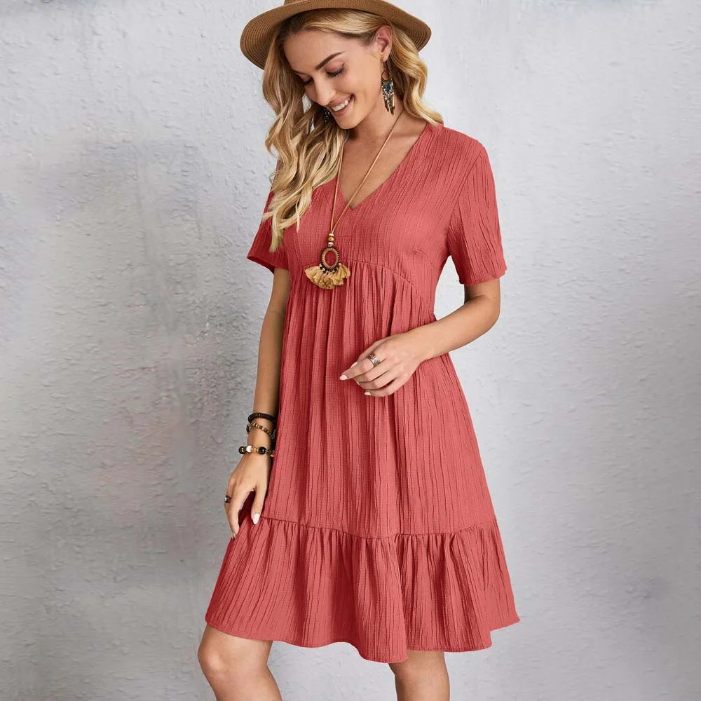 Smiledeer Summer cotton and linen casual loose V-neck short-sleeved dress