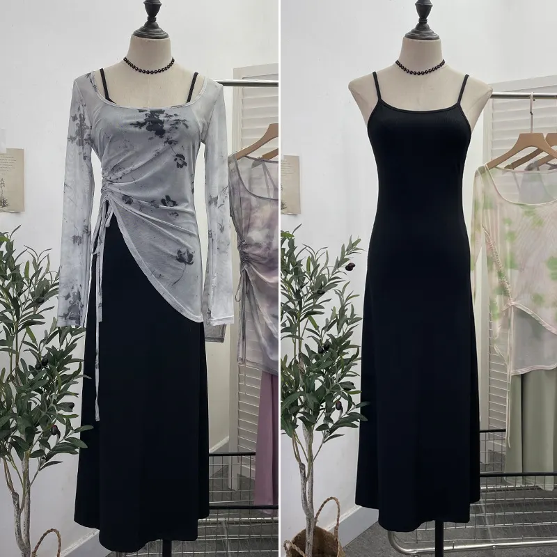 Churchf Dizzling U-Neck Rope Long-Sleeved Mesh Yarn Coat + Sling On The Back Of The Long Dress Two Sets 8859